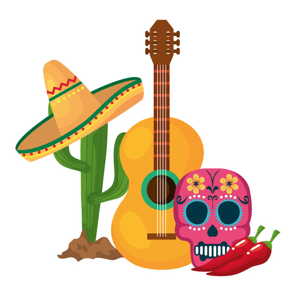 Cactus mexicanos aislados con chile de cráneo de sombrero y diseño de vectores de guitarra
 - Vector, imagen