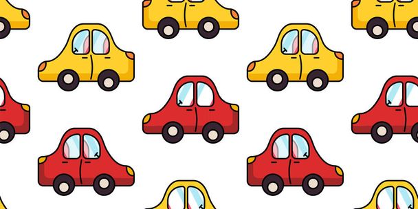 nahtloses Muster mit gelben und roten Spielzeugautos auf weißem Hintergrund. Modernes abstraktes Design für Papier, Einband, Stoff, Inneneinrichtung - Vektor, Bild