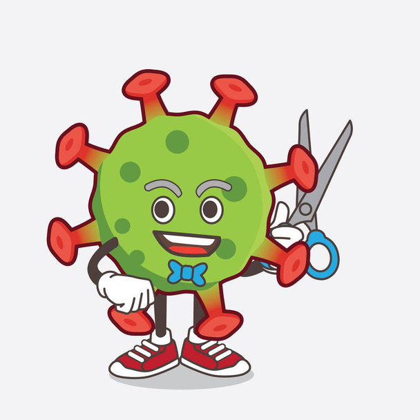 Une illustration du personnage de mascotte de Green Corona Virus comme barbier souriant avec des ciseaux à la main
 - Vecteur, image