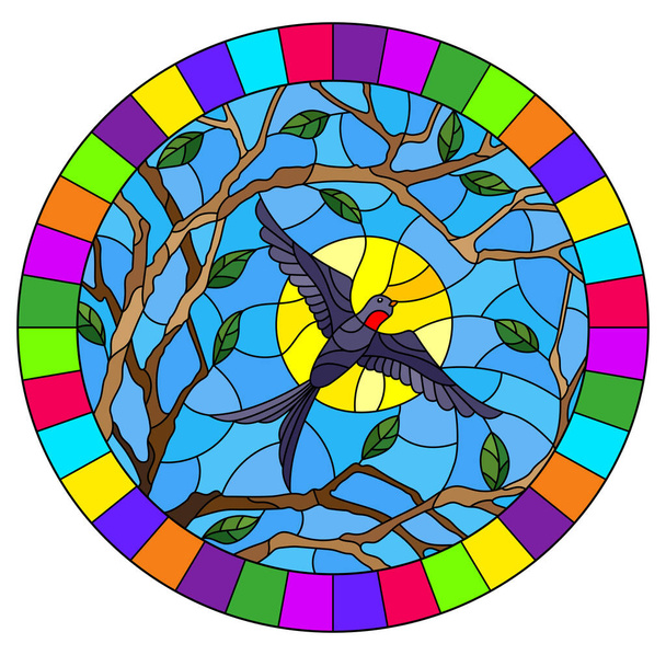 Ilustración en estilo vitral con un pájaro golondrino sobre el fondo de ramas de árboles y el cielo con el sol, imagen ovalada en un marco brillante
 - Vector, Imagen