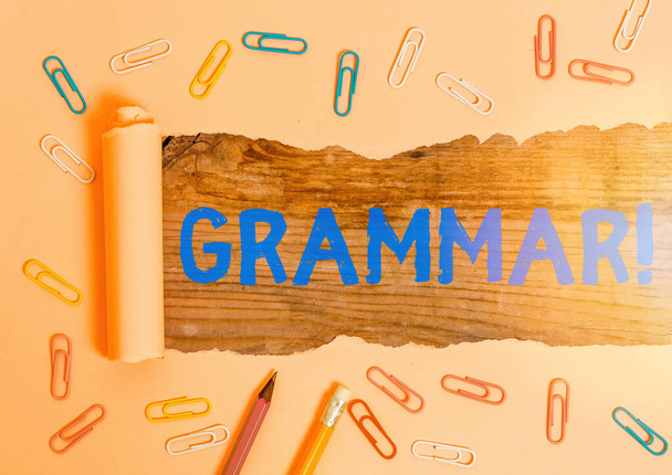 Koncepcyjny pisania ręcznego pokazano Grammar. Tekst zdjęcia biznesowego struktura całego systemu składnia języka i morfologia. - Zdjęcie, obraz