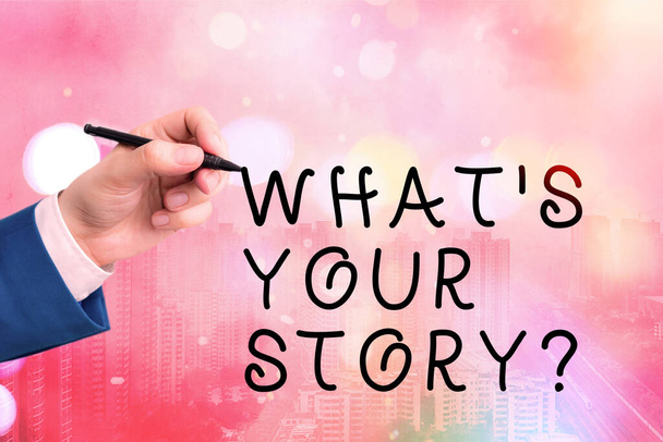 Konzeptionelle Handschrift mit der Frage What Is Your Story. Geschäftstext, der von jemandem über meine eigene Reise von Anfang bis heute gefragt wird. - Foto, Bild