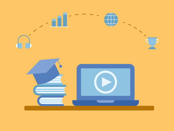 Online-Kurs mit Laptop lernen. Illustration über E-Learning und Online-Kurs. - Vektor, Bild