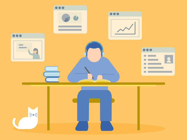 Man sitting at desk. Learning online course. Illustration about E-learning and Online course. - Vector, Image
