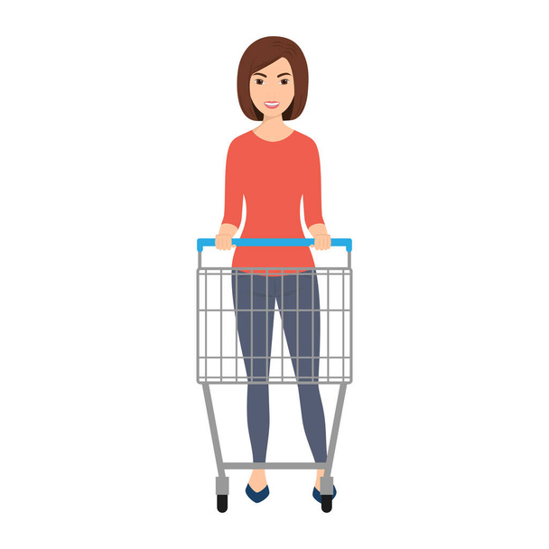 Frau mit leerem Einkaufswagen in einem Supermarkt.Vektorgrafik - Vektor, Bild