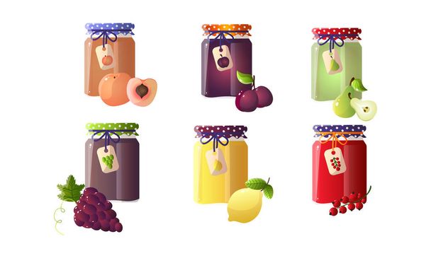 Set of different jams in jars with peach, plum, pear, lemon, currant, grape. Vector illustration in flat cartoon style. - Vector, Image