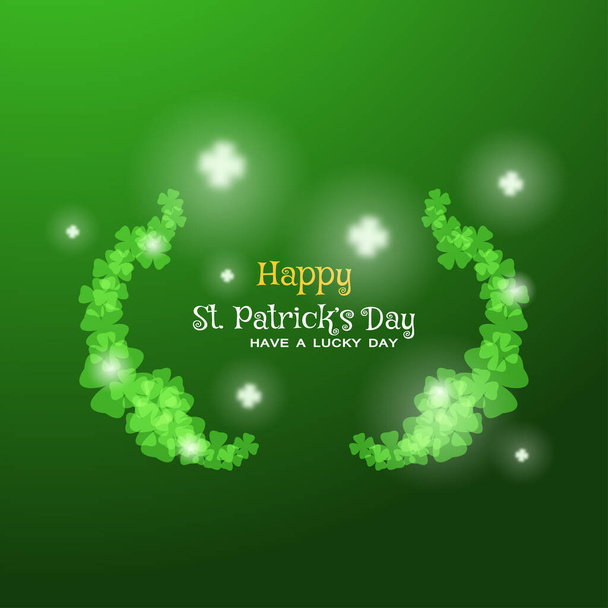 Happy St. Patrick's Day vector card on the gradient dark green background with text, glow silhouettes and clover leaves arranged at the center. - Wektor, obraz
