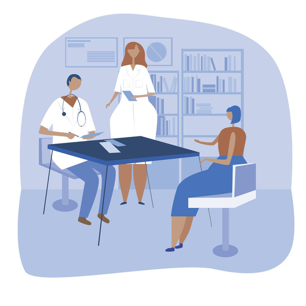 Lékař v bílém plášti a evropská zdravotní sestra vezmou dospělého pacienta do ordinace nebo na kliniku. Stock vektorová plochá ilustrace s nemocnicí, mužem a ženou jako koncept zdravotní péče a léčby - Vektor, obrázek
