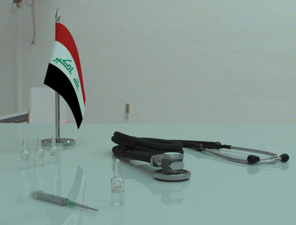 Spritze, COVID 19 Coronovirus-Impfstoff und Phonendoskop auf einem medizinischen Tisch im Irak. - Foto, Bild