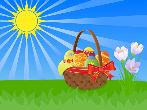 Easter basket and spring flowers illustration with the shining sun - Вектор,изображение