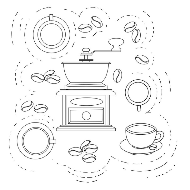 Classic coffee grinder with a bunch of coffee beans manual coffee mill and a cup of coffee cup vector illustration on white background outline design style. - Vector, Image