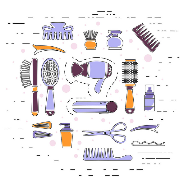 Esquema conjunto colección de peluquería profesional y peluquería herramientas herramientas herramientas de peluquería tijeras horquilla vector ilustración sobre fondo blanco
. - Vector, imagen