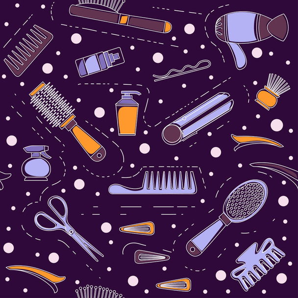 Outline seamless pattern of professional hairdresser and barber equipment tools hairdressing tools scissors hairpin vector illustration on dark background. - Vector, Image