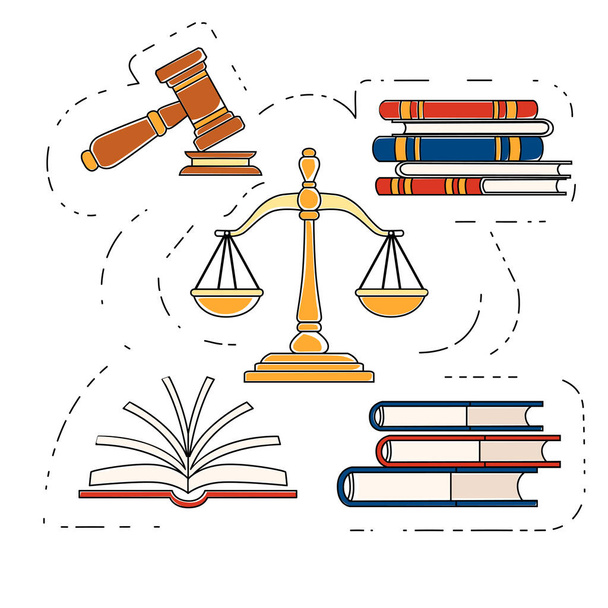 Oikeuden asteikot ja puinen tuomari nuija lain vasara merkki kirjoja lain ja huutokaupan symboli tasainen vektori kuvitus valkoisella taustalla ääriviivat tyyli
. - Vektori, kuva