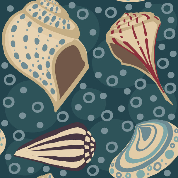 Nahtloses Muster große verschiedene Muschelsammlung farbige tropische Muscheln flache Vektorillustration - Vektor, Bild