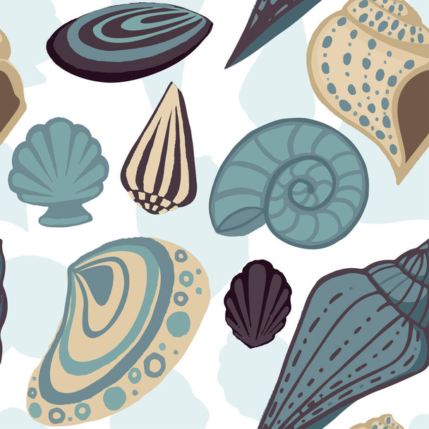 Varrat nélküli minta nagy különböző kagyló gyűjtemény színes trópusi kagylók lapos vektor illusztráció fehér háttér - Vektor, kép