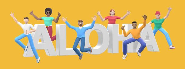 Az aloha szó sárga háttérrel. Egy csapat fiatal multikulturális boldog ember ugrik és táncol együtt. Horizontális banner rajzfilm karakter és weboldal szlogen. 3D renderelés. - Fotó, kép