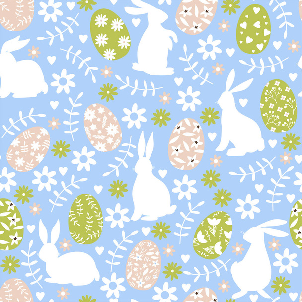 Çeşitli siluet tavşanları, yumurtaları, çiçekleri ve yaprakları olan paskalya desenleri. Tekstil dokusu, kartpostal, ambalaj kağıdı, ambalaj vesaire. Mavi arkaplanda vektör illüstrasyonu. - Vektör, Görsel