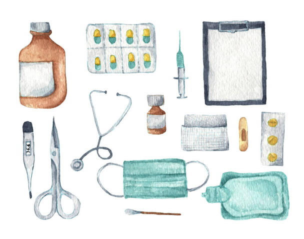 Ensemble de matériel médical. aquarelle objets isolés sur fond blanc
. - Photo, image