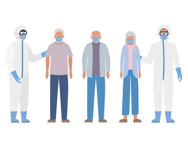 Старша жінка і чоловіки з масками і лікарями з захисними костюмами проти векторного дизайну Ковід 19. - Вектор, зображення