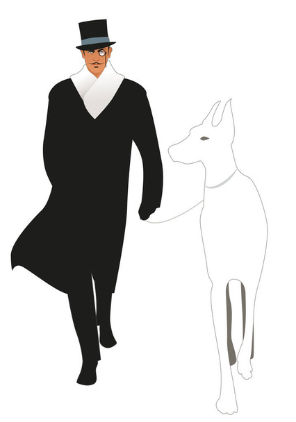 Eleganter Herr mit Zylinderhut, Monokel- und Retro-Klamotten, Gassi gehender großer Hund, isoliert auf weißem Hintergrund - Vektor, Bild
