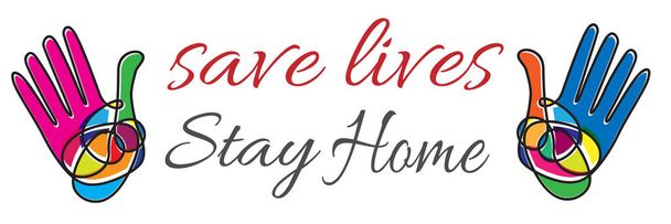 Η λέξη "μείνε σπίτι", θα σε σώσει με τον κορωνοϊό. Vector banner με το πολύχρωμο κείμενο ουράνιο τόξο και το χέρι - Διάνυσμα, εικόνα