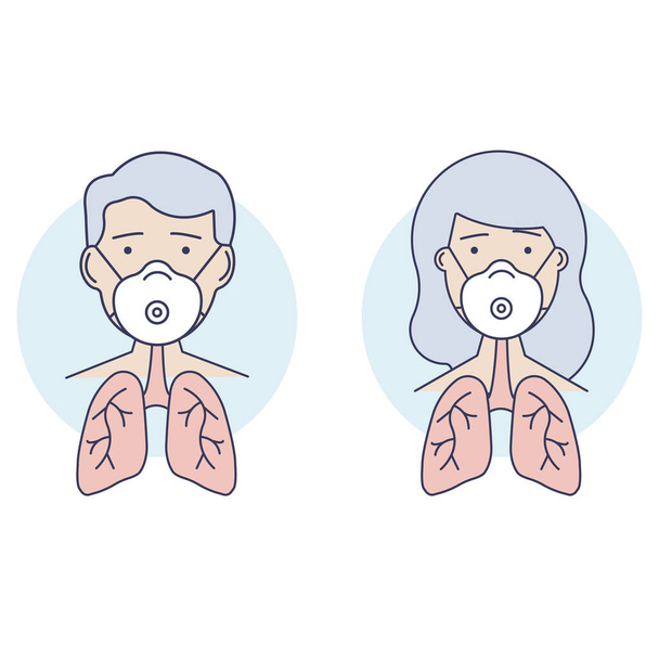 Мужчина и женщина в медицинской маске для защиты лица. Маска N95. Маска защищает дыхание и легкие. Защита от вирусов и пыли. Коронавирус. Плоский дизайн. Векторная иллюстрация
. - Вектор,изображение