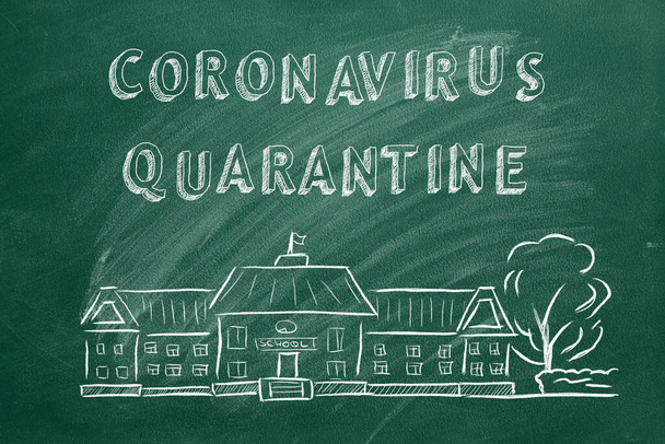 School building  and lettering coronavirus quarantine on green chalkboard. Hand drawn sketch. Coronavirus concept. COVID-19 - 写真・画像