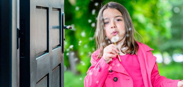 Opened door concept with a very pretty young child blowing on a plant - 写真・画像