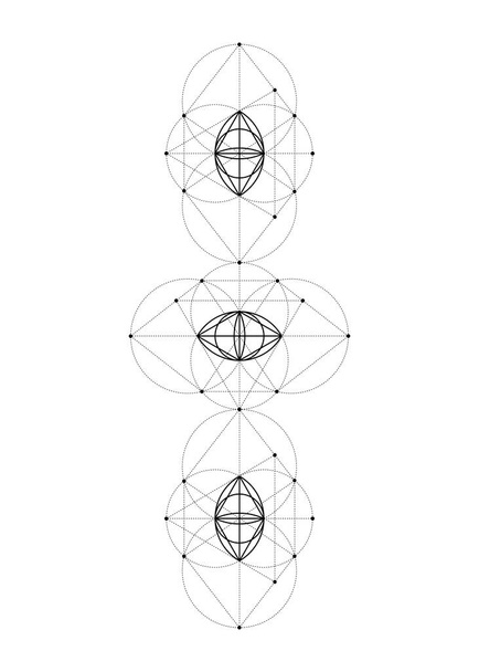 Vesica piscis Sacred geometry. All Seeing eye, the third eye or The Eye of Providence inside triangle pyramid. Triptych Totem The eye of Phi mystic heaven and earth vector isolated on white background - Vector, Image