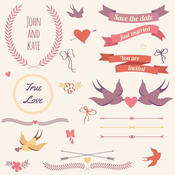 Conjunto de boda vectorial con pájaros, corazones, flechas, cintas, coronas
, - Vector, Imagen