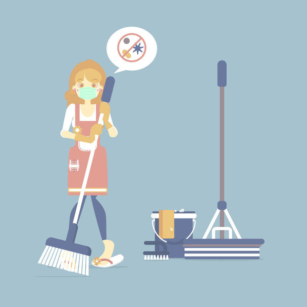 Female housekeeper, woman wearing protective mask holding broom with mop, bucket, chore, germ,  cleaning concept, flat cartoon character design vector illustration - Vector, Image