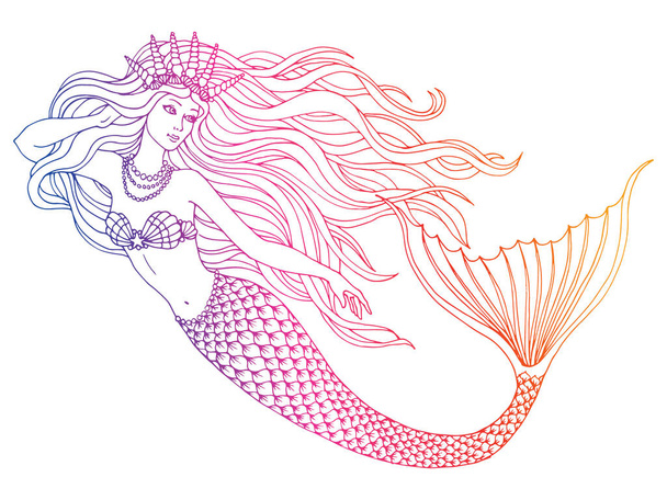 Hand drawn mermaid  on white background, linen vector illustration. - Вектор, зображення