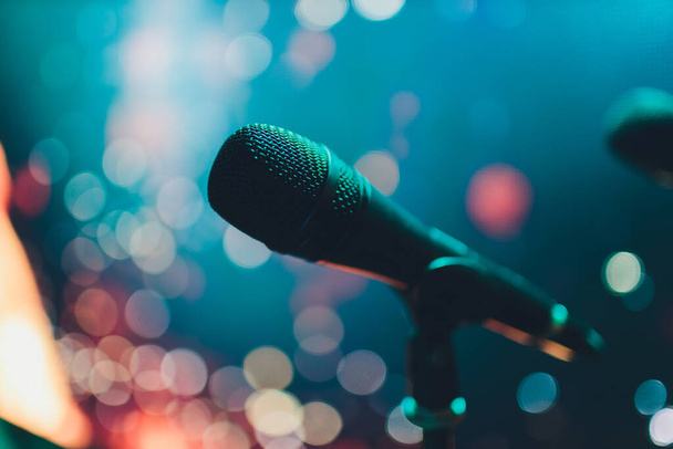 Close up of microphone on stage in audience room blur background. - Fotoğraf, Görsel