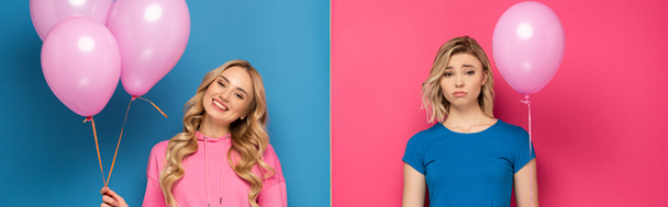 Panoramic crop of smiling blonde girl holding balloons near sad sister looking at camera on pink and blue background - Foto, Imagen