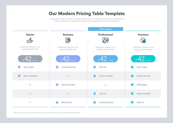 Modern looking pricing table design with four subscription plans. Flat infographic design template for website or presentation. - Vector, Image