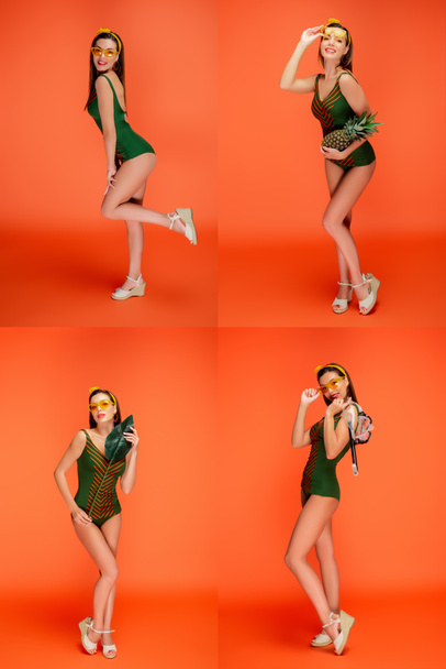 Collage of woman in sunglasses with diving mask, leaf and pineapple smiling and looking at camera on orange - Fotoğraf, Görsel