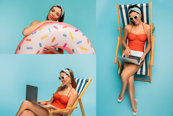 Colagem de mulher com anel inflável e freelancer trabalhando com laptop e sorrindo na cadeira de praia em azul
 - Foto, Imagem