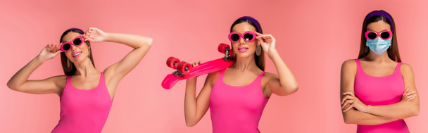 Mulher de óculos de sol com braços cruzados e máscara médica sorrindo e segurando penny board isolado em rosa, tiro panorâmico
 - Foto, Imagem