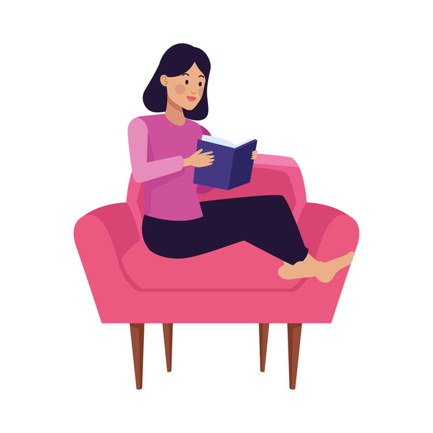 mujer joven leyendo libro en sofá
 - Vector, Imagen