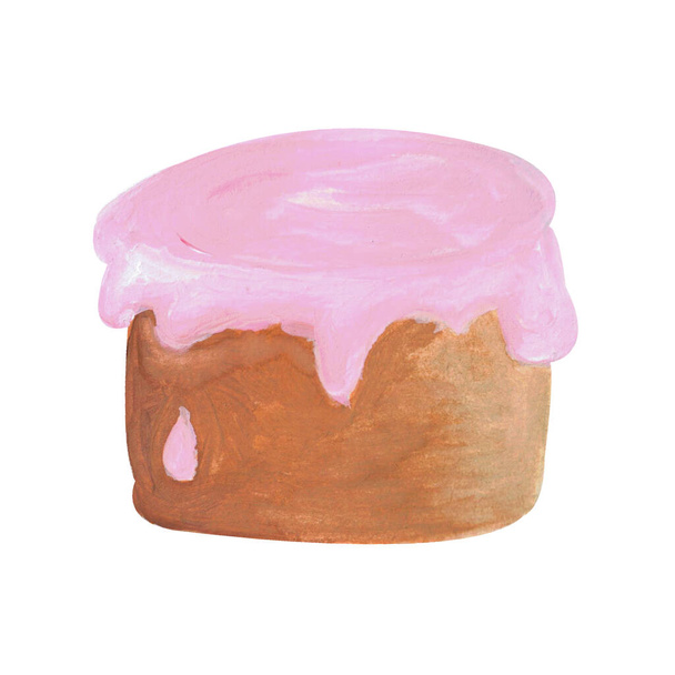 Biscuit cake with pink cream glaze isolated on white background. Hand drawn watercolor gouache illustration in cartoon style. Concept of confectionery, sweet-shop, cookery, menu, gift - Photo, Image