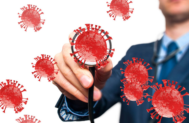 Virus Covid 19 crisis hombre asiático empresario estetoscopio en coronavirus contra corona covid-19 diagnóstico de virus analizar paciente. Concepto empresarial
 - Foto, Imagen