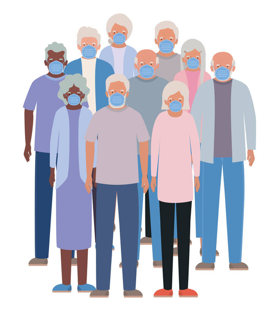 Ηλικιωμένοι άνδρες και γυναίκες με μάσκες κατά Covid 19 διανυσματικός σχεδιασμός - Διάνυσμα, εικόνα