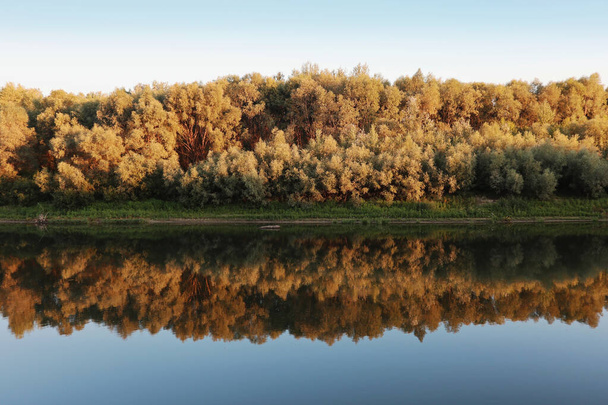 Zachód słońca kolory drzew odbicie w rzece lustro wody. Magiczny krajobraz tła - Zdjęcie, obraz