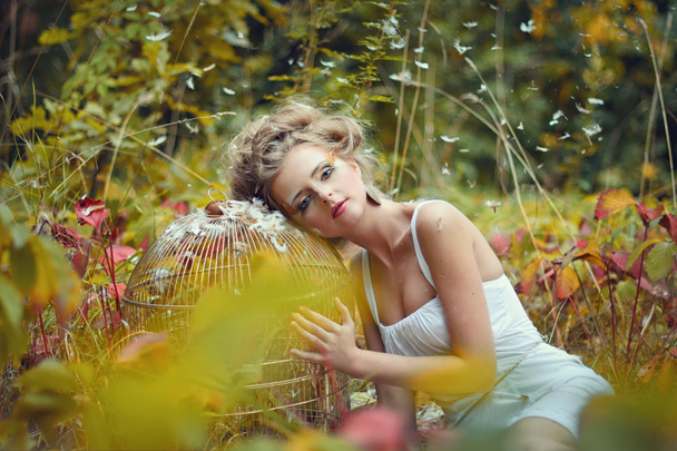 Belle fille de fée avec cage dorée dans une forêt - Photo, image