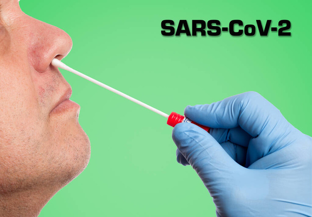 Dokter maakt met een wattenstaafje een neusdoekje test - Foto, afbeelding