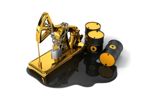 Locked Pumpjack, Barrels And Spilled Oil On White Background. Oil Production Reduction Concept. - Photo, Image