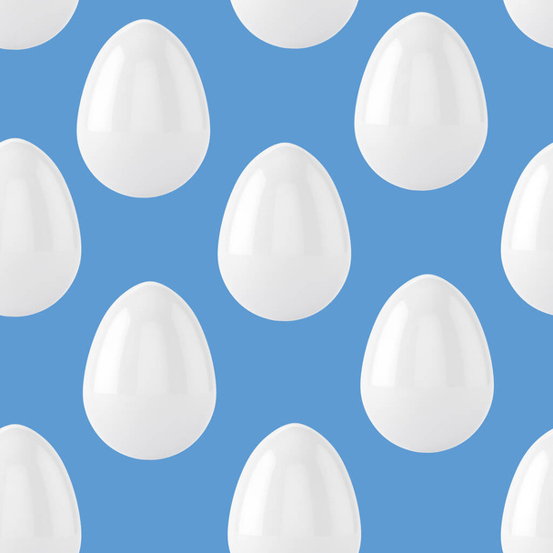 White easter eggs seamless blue pattern background. 3d illustration - 写真・画像