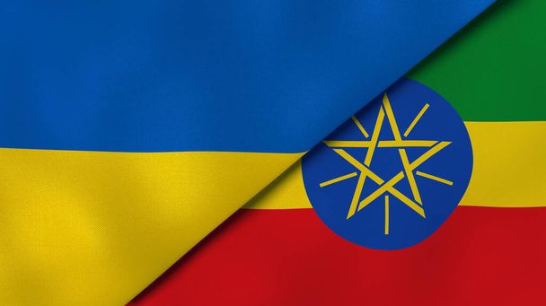 Δύο κράτη σημαίες της Ουκρανίας και της Αιθιοπίας. Επαγγελματικό υπόβαθρο υψηλής ποιότητας. 3D εικονογράφηση - Φωτογραφία, εικόνα