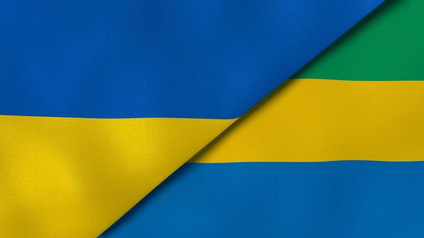 Two states flags of Ukraine and Gabon. High quality business background. 3d illustration - Photo, Image